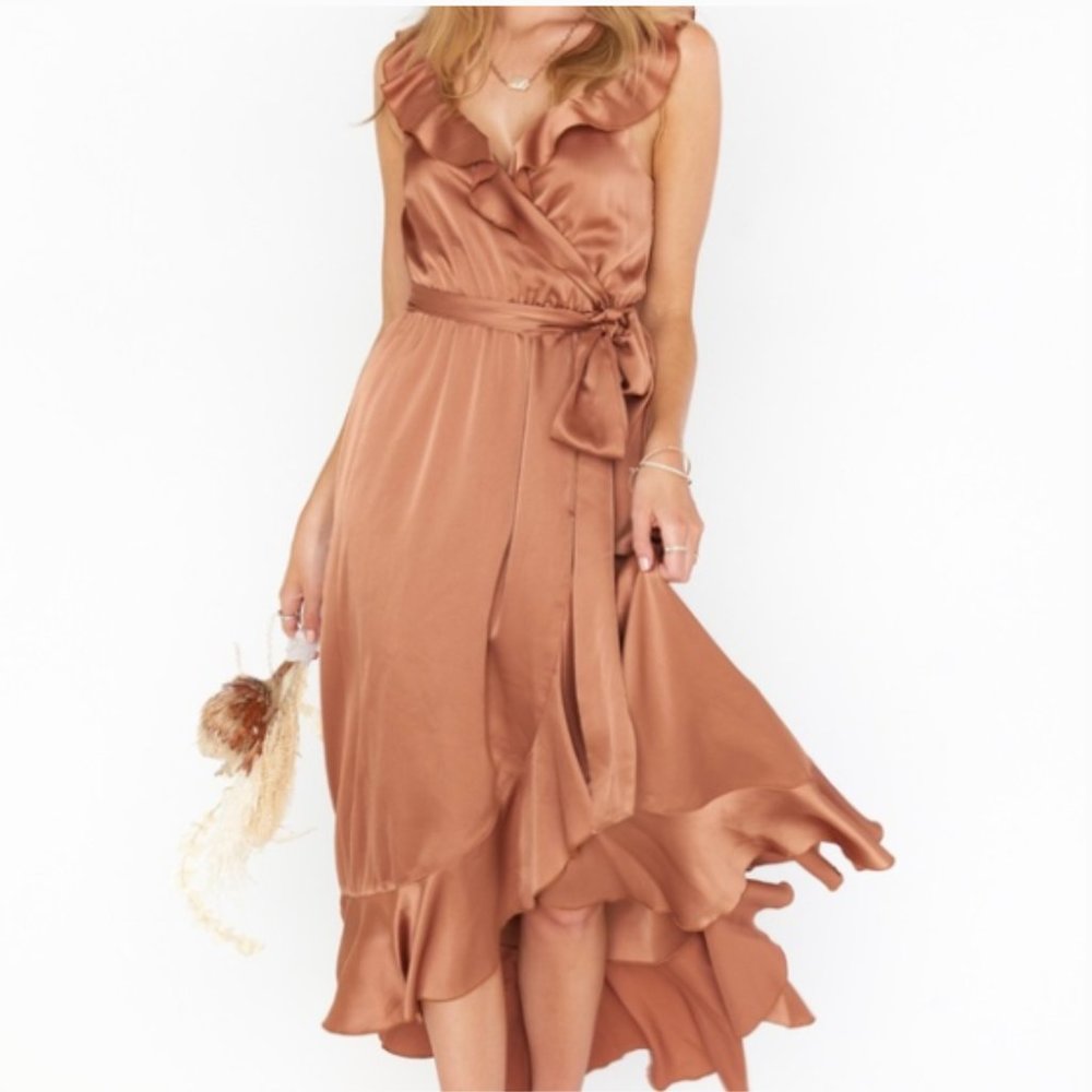 Show Me Your Mumu Samantha Ruffle Wrap Dress in Copper S